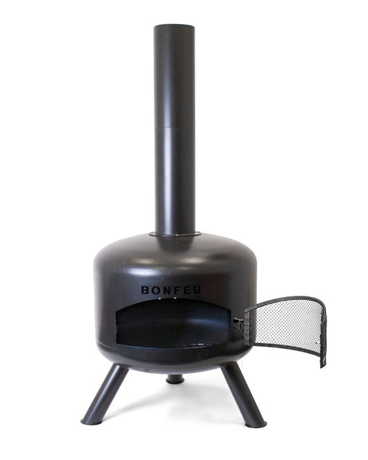 BonFeu BonGiro outdoor fireplace side view showing stove pipe