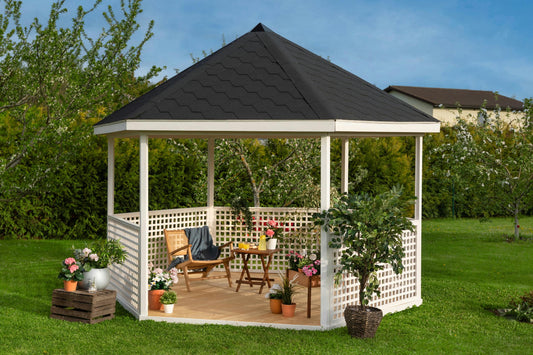 Ines gazebo side view showing lattice fence panels