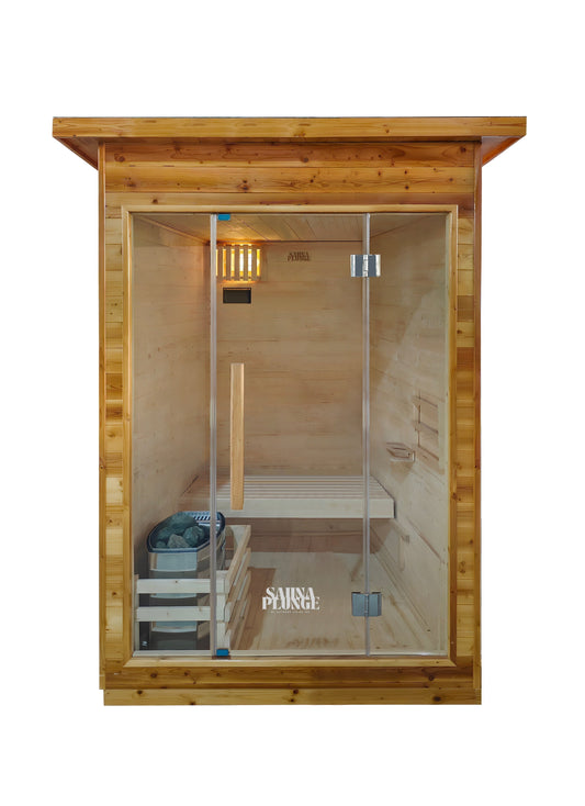 Interior view of The Bronte 2-person thermo-treated cabin sauna