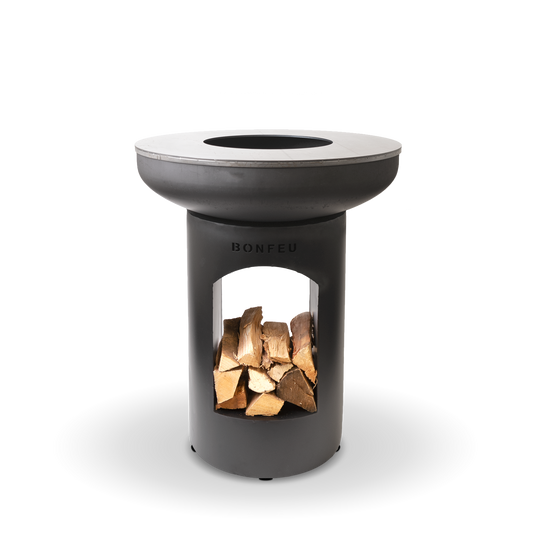 BonFeu BonBiza Open black plancha with wood storage and fire