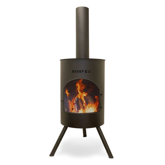 BonFeu BonTon 60 black garden fireplace with fire lit