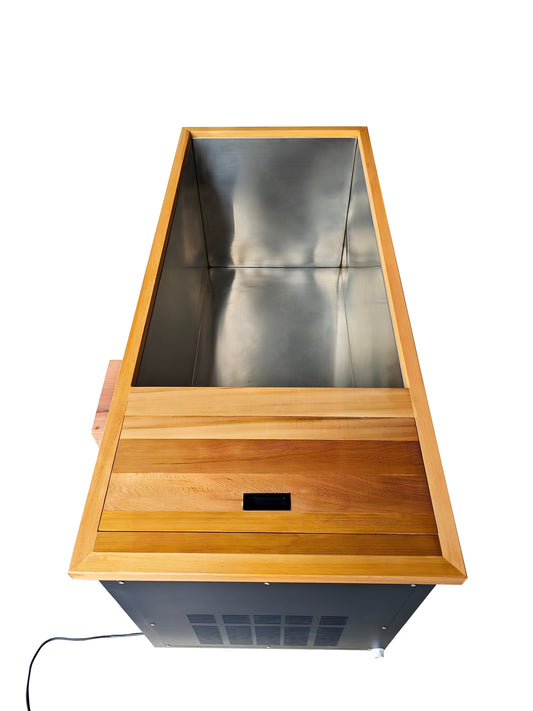 The Peak Plunge ice bath front view, sold by Barrel Saunas