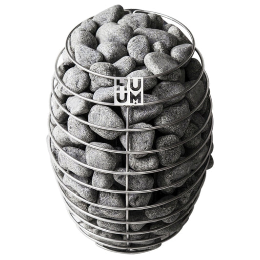 Huum electric sauna furnace with heating stones close-up, sold by Barrel Saunas