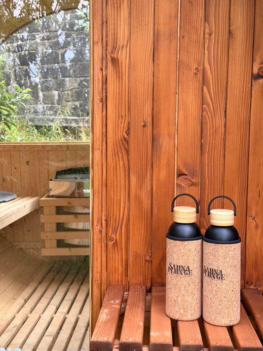 SaunaPlunge cork insulated bottle side view showing cork exterior