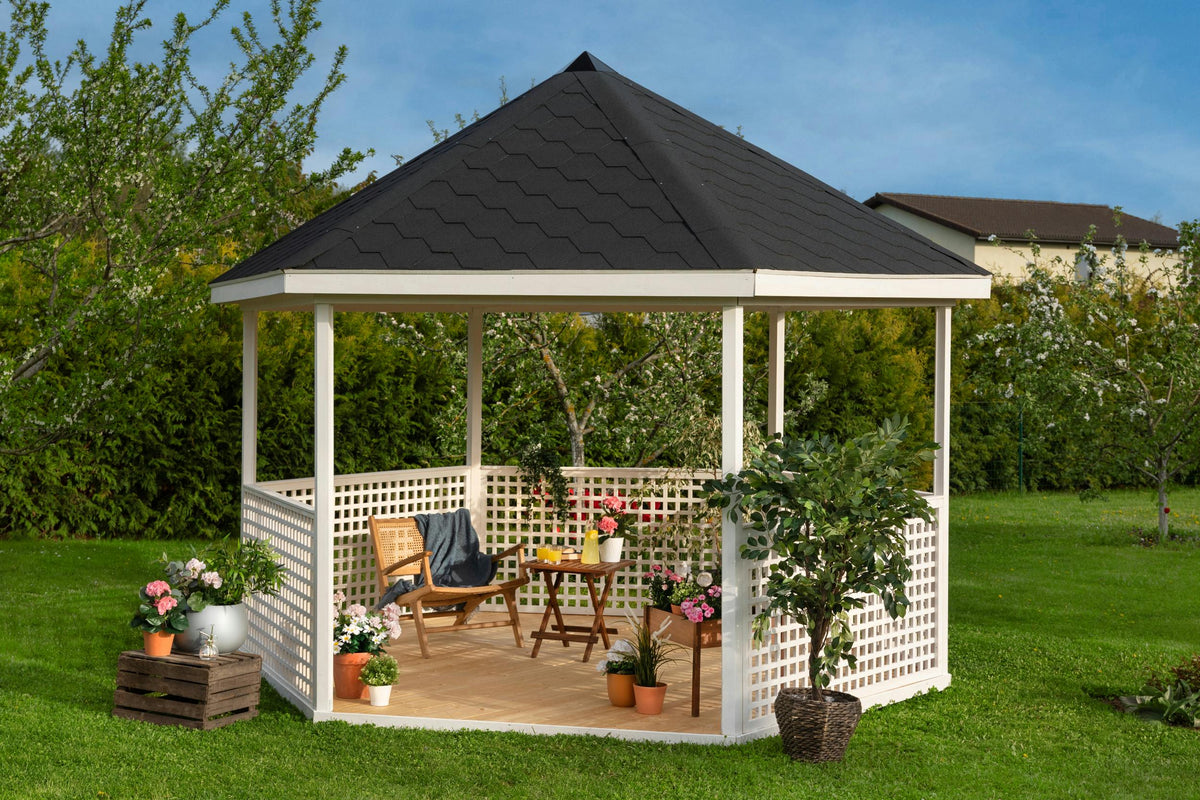 Ines gazebo side view showing lattice fence panels
