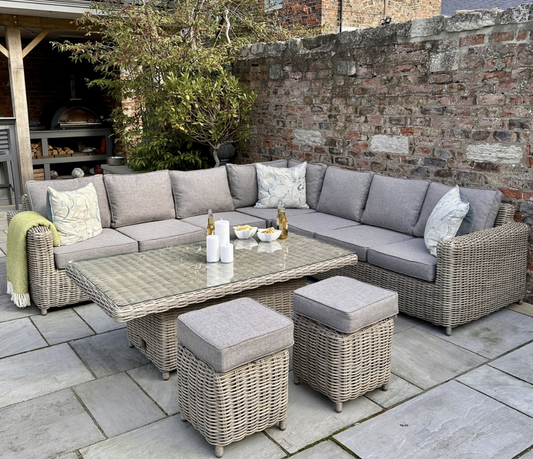Amalfi outdoor large corner sofa set with riser table and 2 stools in beige