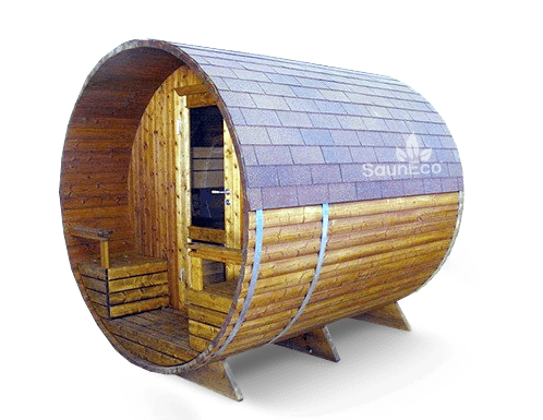 Barrel guest cabin with terrace, exterior view