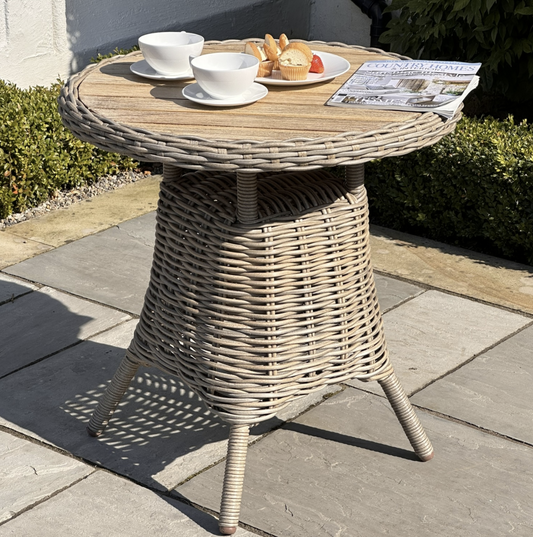 Amalfi outdoor bistro table with wood top on patio