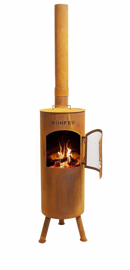 BonFeu BonTino rust Corten steel garden fireplace lit
